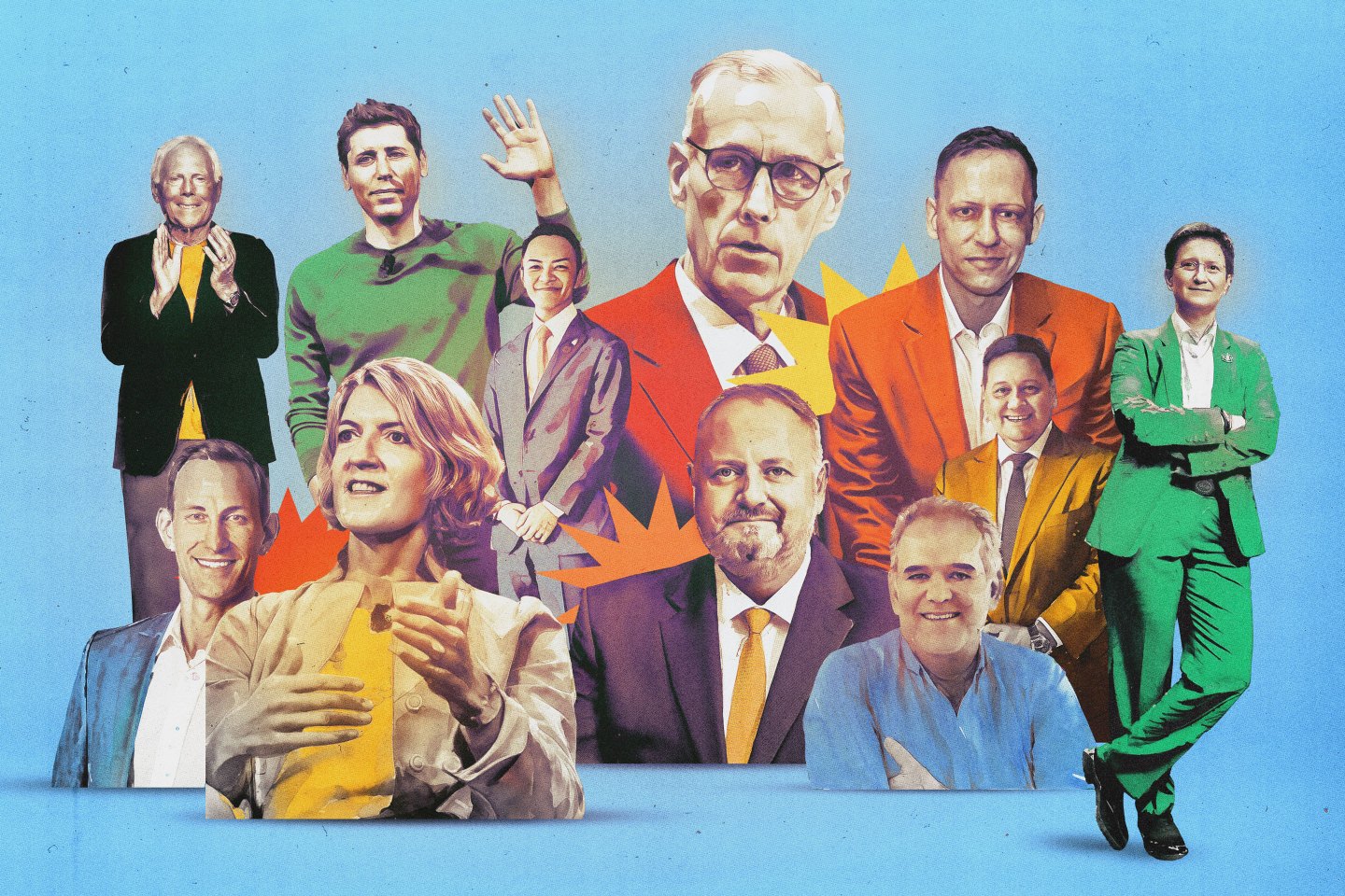 Clockwise from top left: Giorgio Armani, Sam Altman, Moriaki Kida, Jim Fitterling, Peter Thiel, Justin D’Agostino, Julia Hoggett, Jesús Encinar, Eugenio Pirri, Beth Ford, and Eric Dube